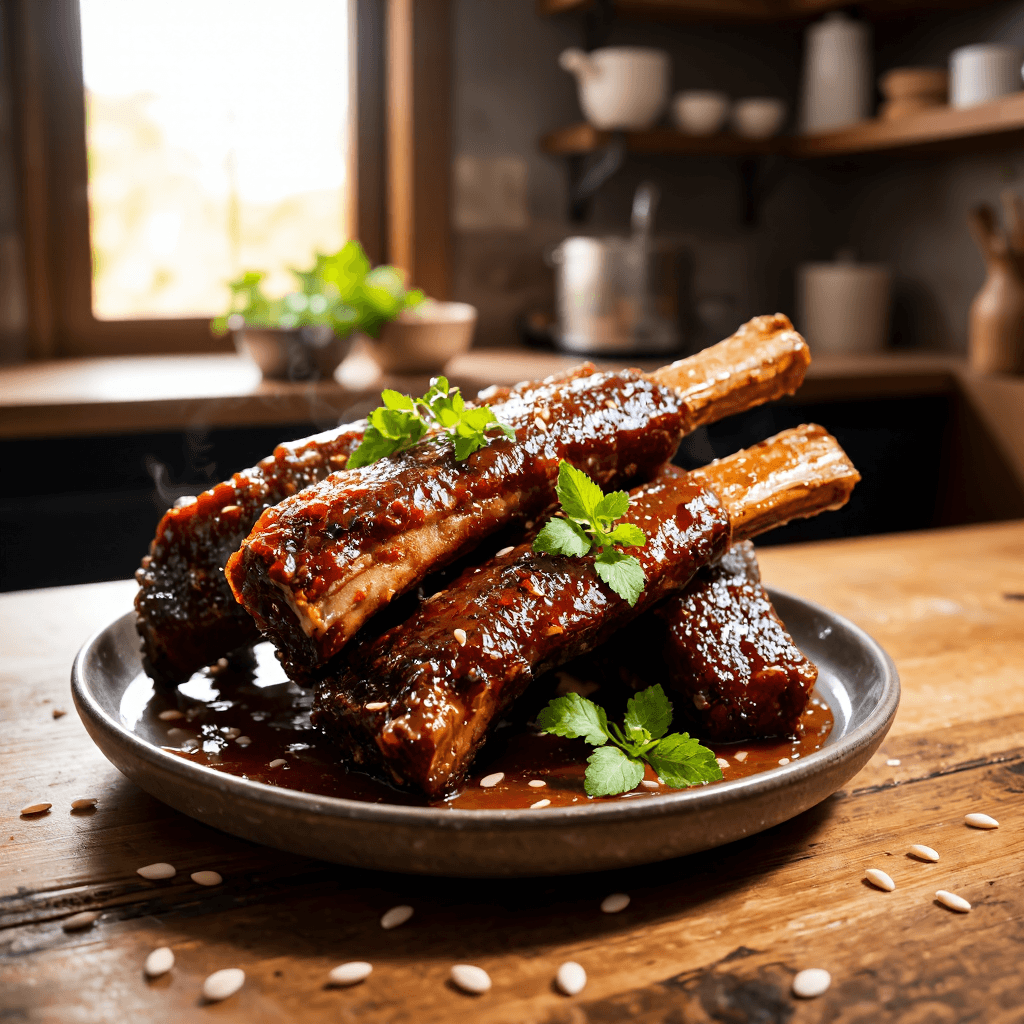product photography of a plate of marinated beef ribs