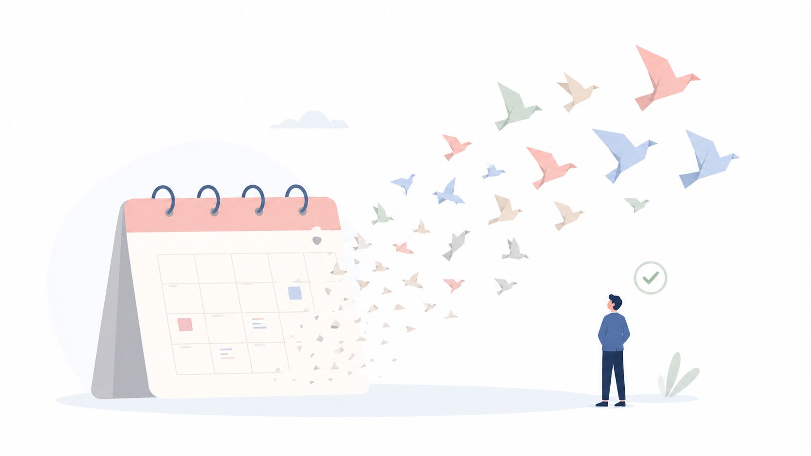 A professional looking at a calendar with pages turning into origami birds, symbolizing time off and productivity.