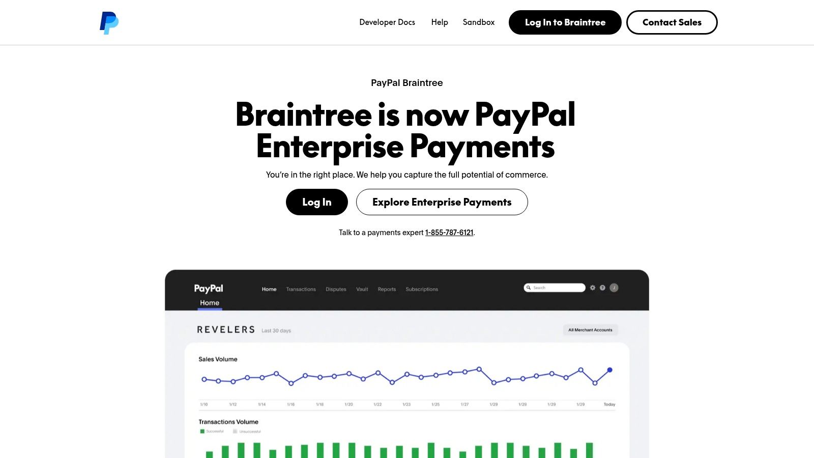Braintree's platform showing a transaction dashboard with key performance indicators