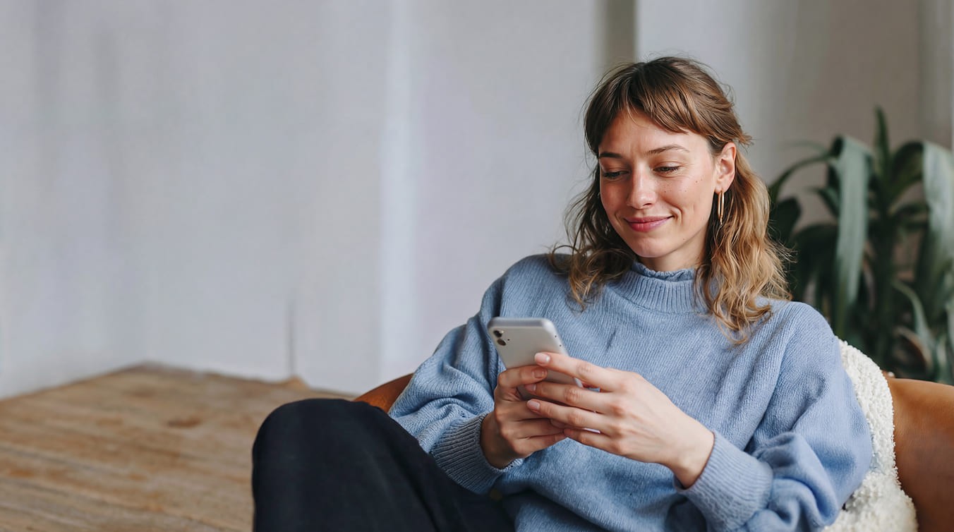 A young woman sitting on a chair looking at her smartphone