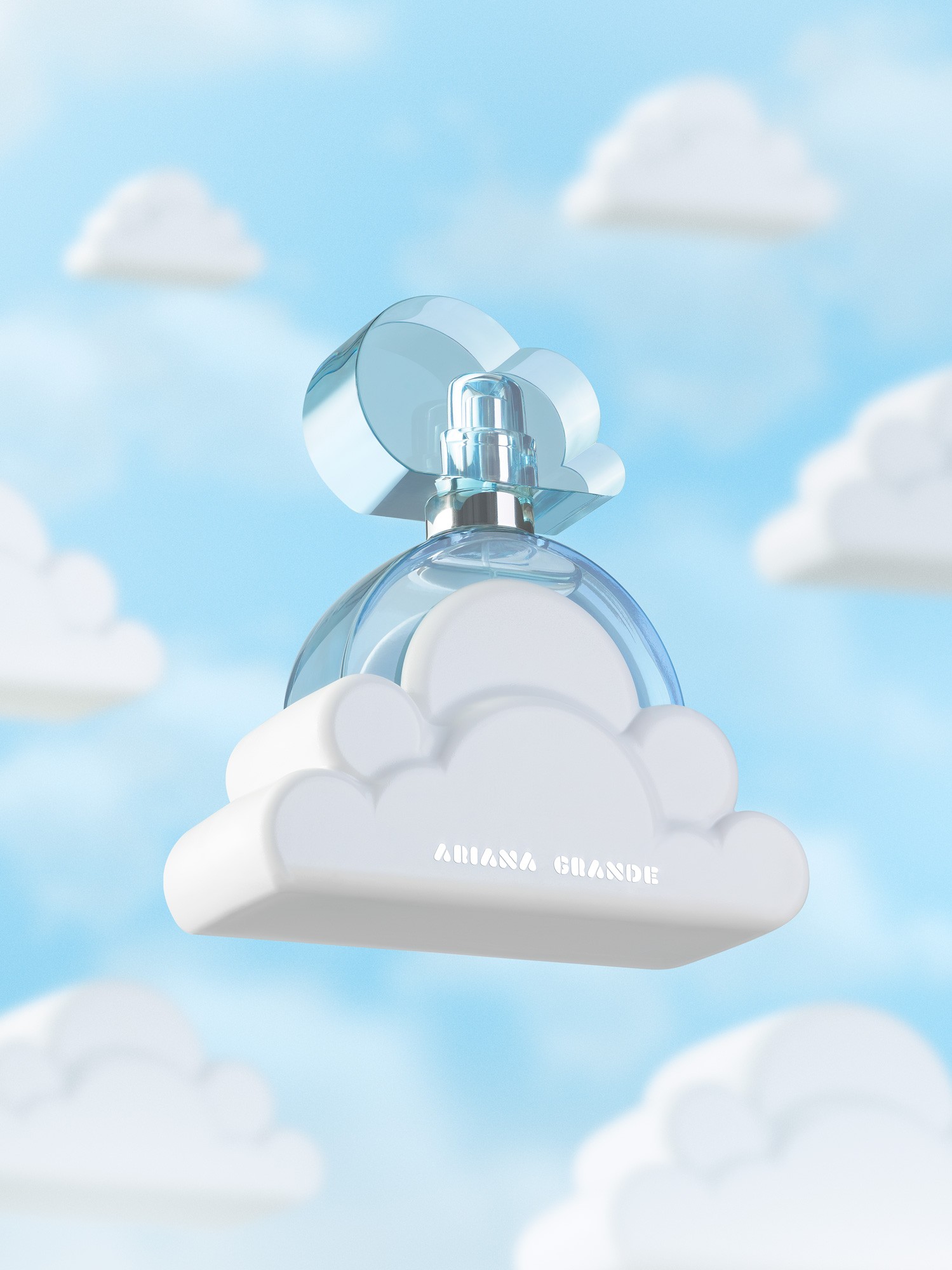 A bottle of Ariana Grande "Cloud" perfume photographed in a studio where the environment resembles a sky. Photographed by Matthew Brown (A London product photographer).