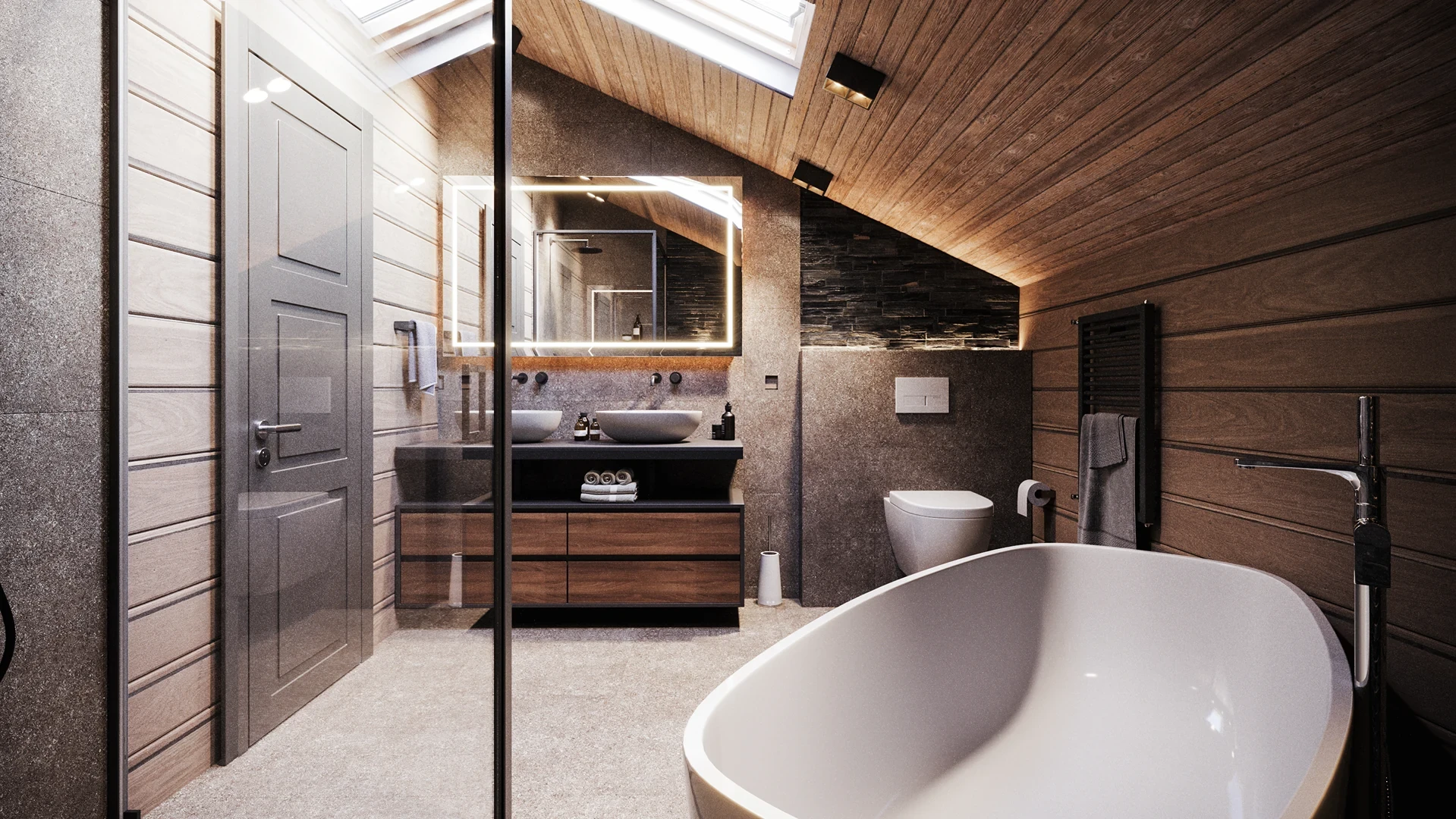 Meuble-lavabo flottant avec éclairage de miroir chaud et WC suspendu.