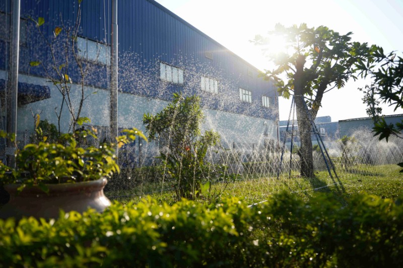 Sprinklers watering a landscaped garden beside a modern building in warm sunlight.