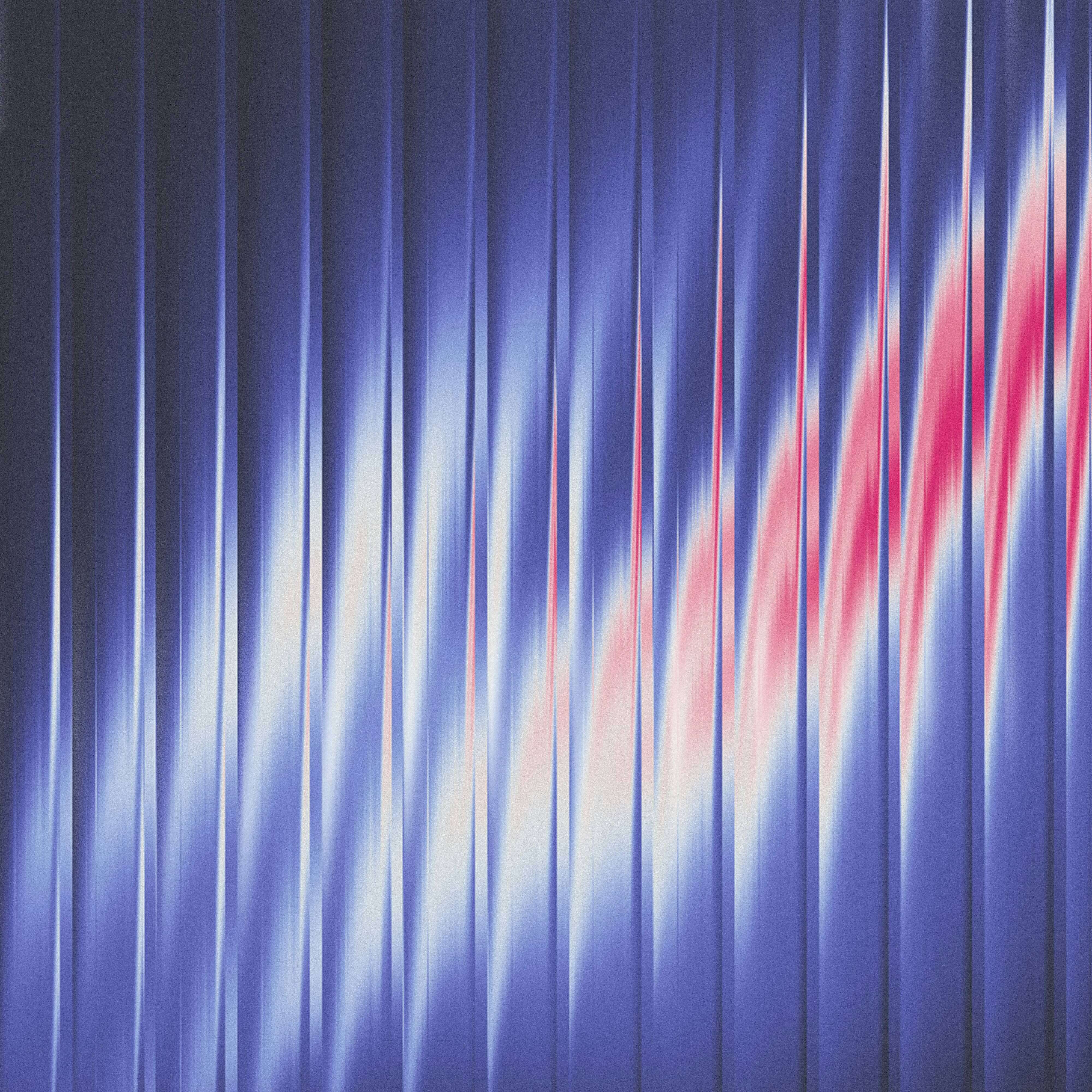 Abstract image featuring vertical lines in shades of blue and violet, with a bright wave of red and white sweeping diagonally from the lower left to the upper right. The pattern creates a sense of motion and energy, resembling light beams or fabric folds with a futuristic, digital feel.