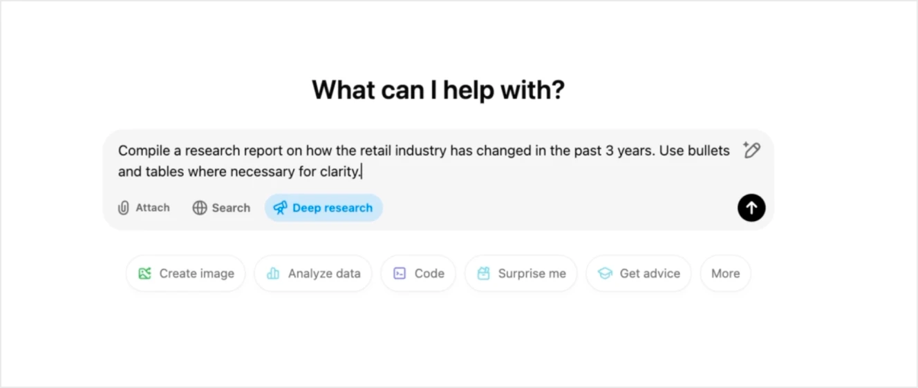 A query input screen for an AI assistant with a prompt asking to compile a research report on changes in the retail industry over the past three years. The selected function is "Deep Research," and various tool options such as "Create Image," "Analyze Data," and "Get Advice" are displayed below.