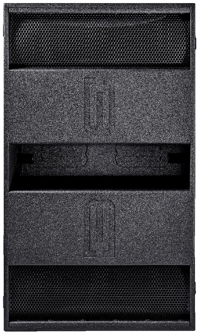 Black speaker with two grille sections and a handle cutout.