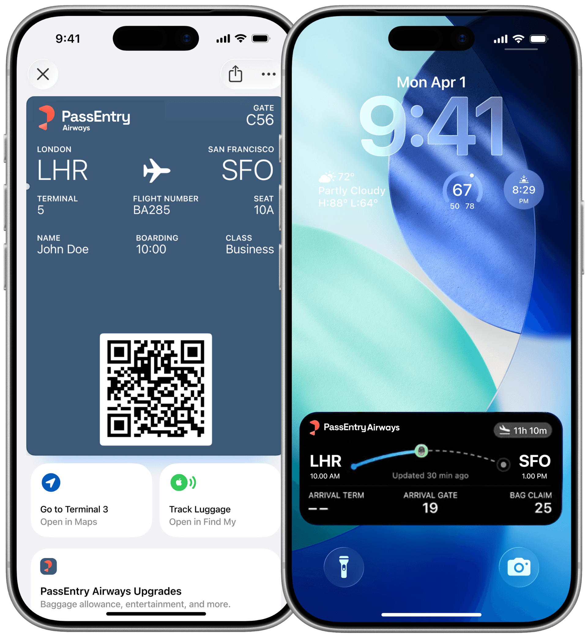 Two iPhones showing a PassEntry digital airline boarding pass in Apple Wallet. The left screen displays a boarding pass with passenger details and QR code for a flight from LHR to SFO, while the right screen shows a live lock screen update with flight time and arrival information