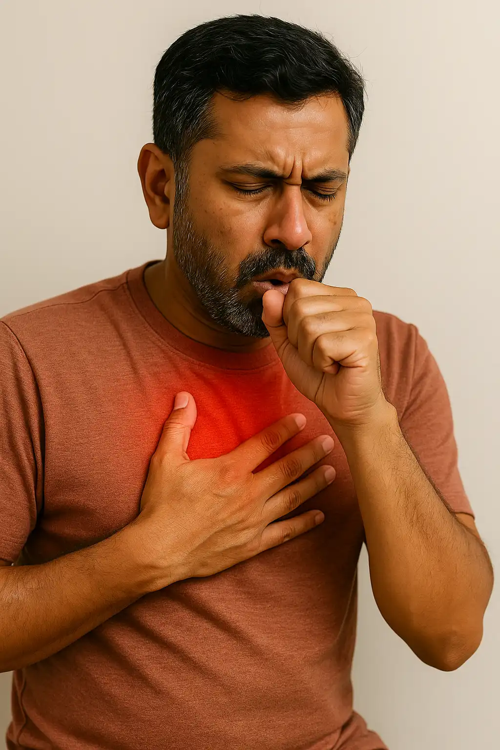Man coughing with hand on chest and highlighted discomfort, showing symptoms of chronic bronchitis or asthma-related breathing difficulty.