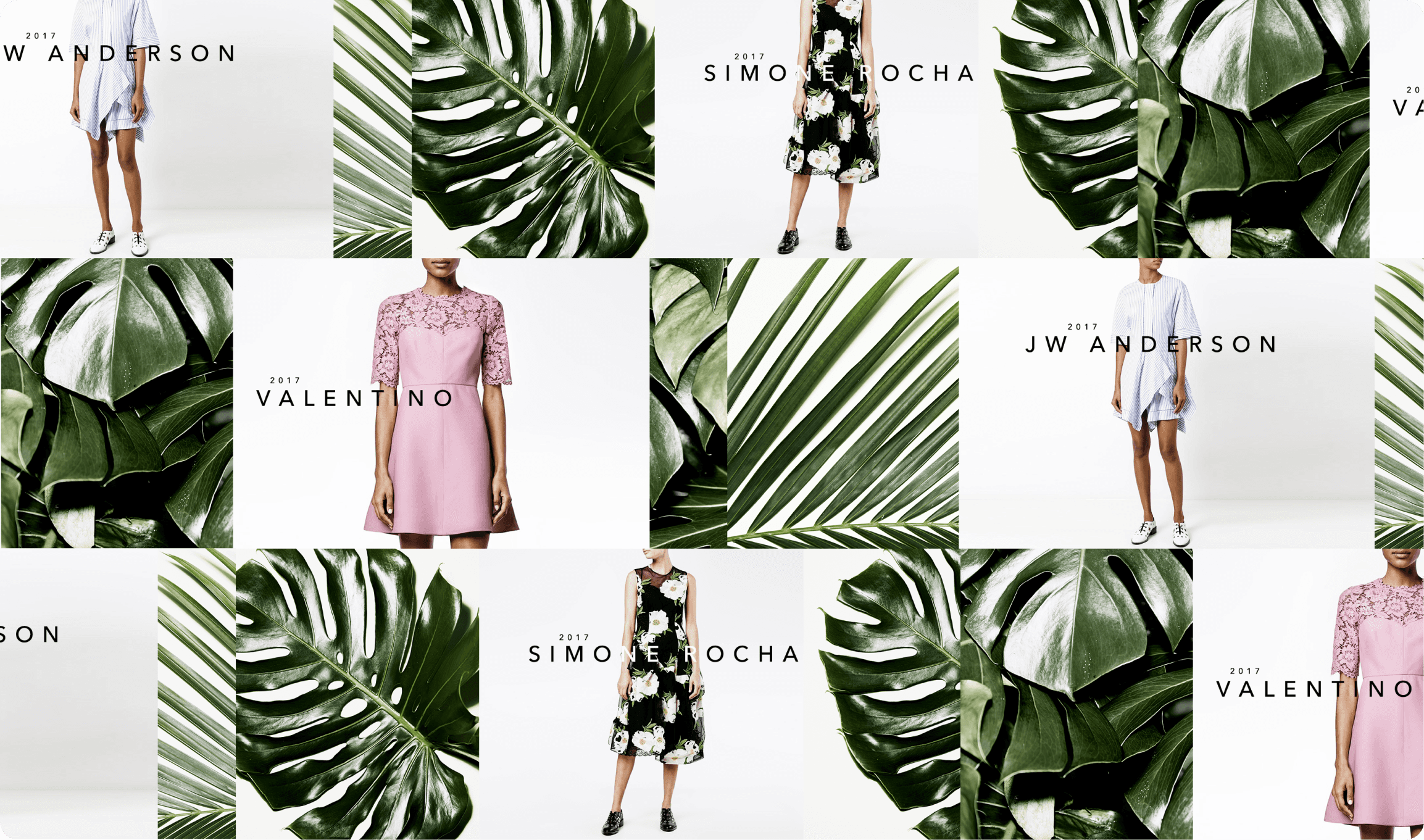 Fashion collage featuring 2017 collections from JW Anderson, Valentino, and Simone Rocha with tropical palm leaves