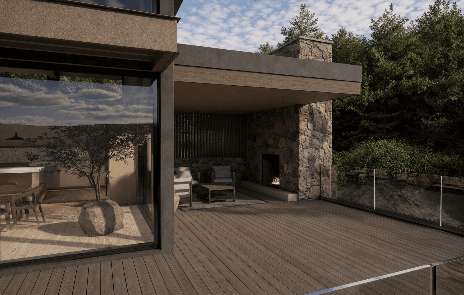 Mid-century modern interior living room, dining room and kitchen open concept