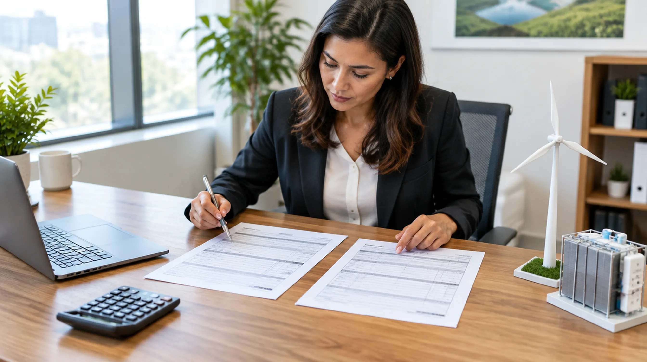 Tax professional comparing two printed IRS forms at a desk with a laptop, calculator, model wind turbine and hydrogen fuel cell model