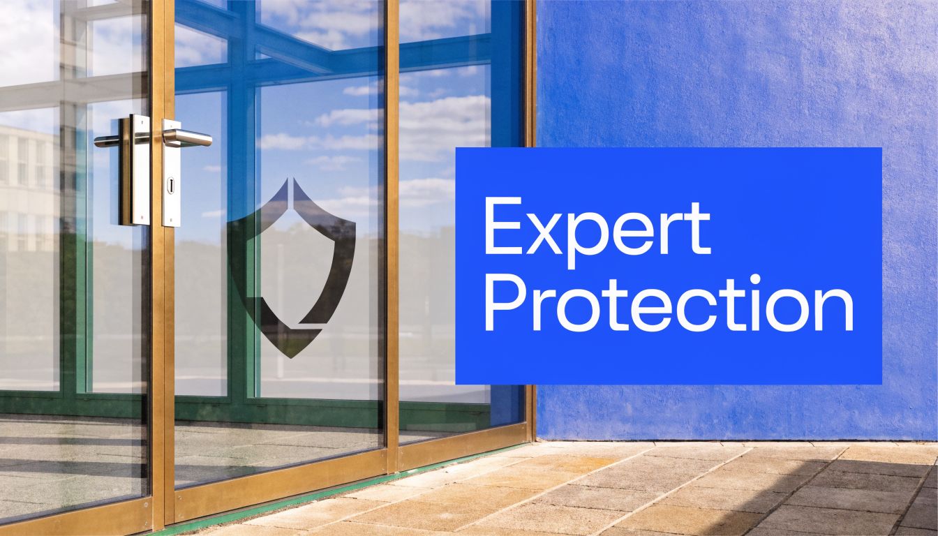 A modern glass entrance door featuring a professional shield logo next to a blue Expert Protection sign.