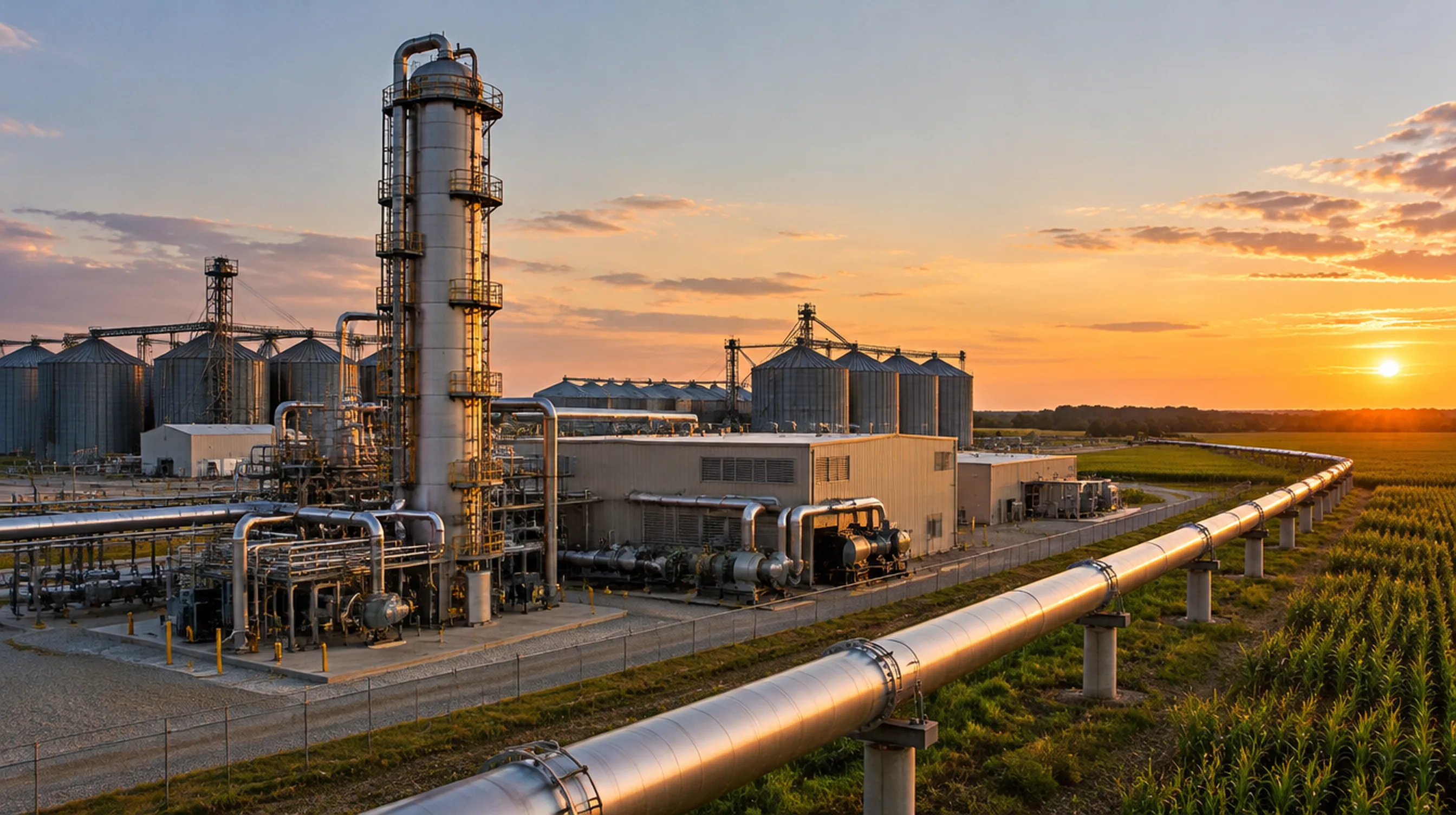 Carbon capture facility at an ethanol plant with an absorber column, compressor building and a CO2 pipeline crossing a field at golden hour