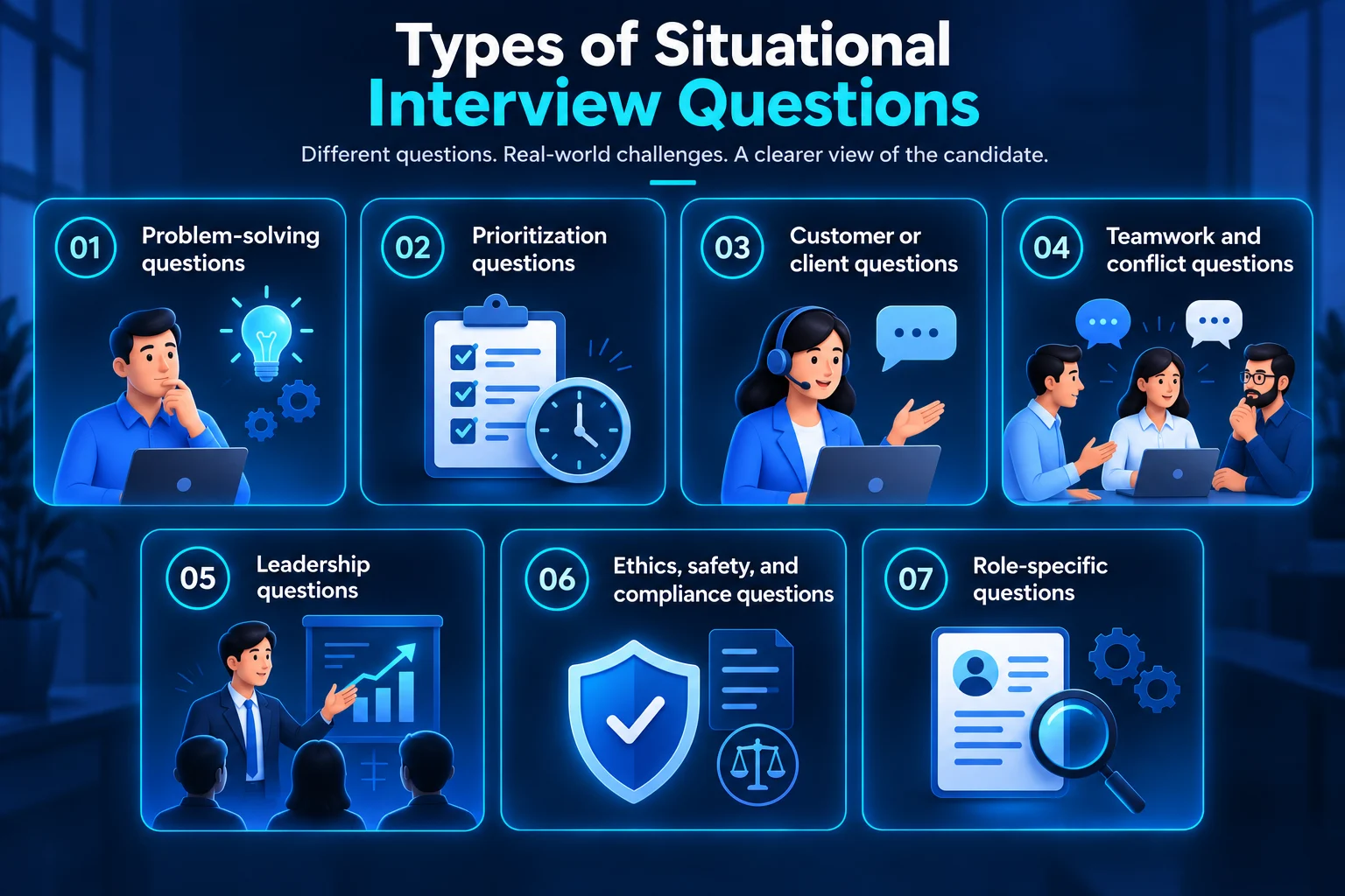 Types of situational interview questions infographic showing seven key question types.