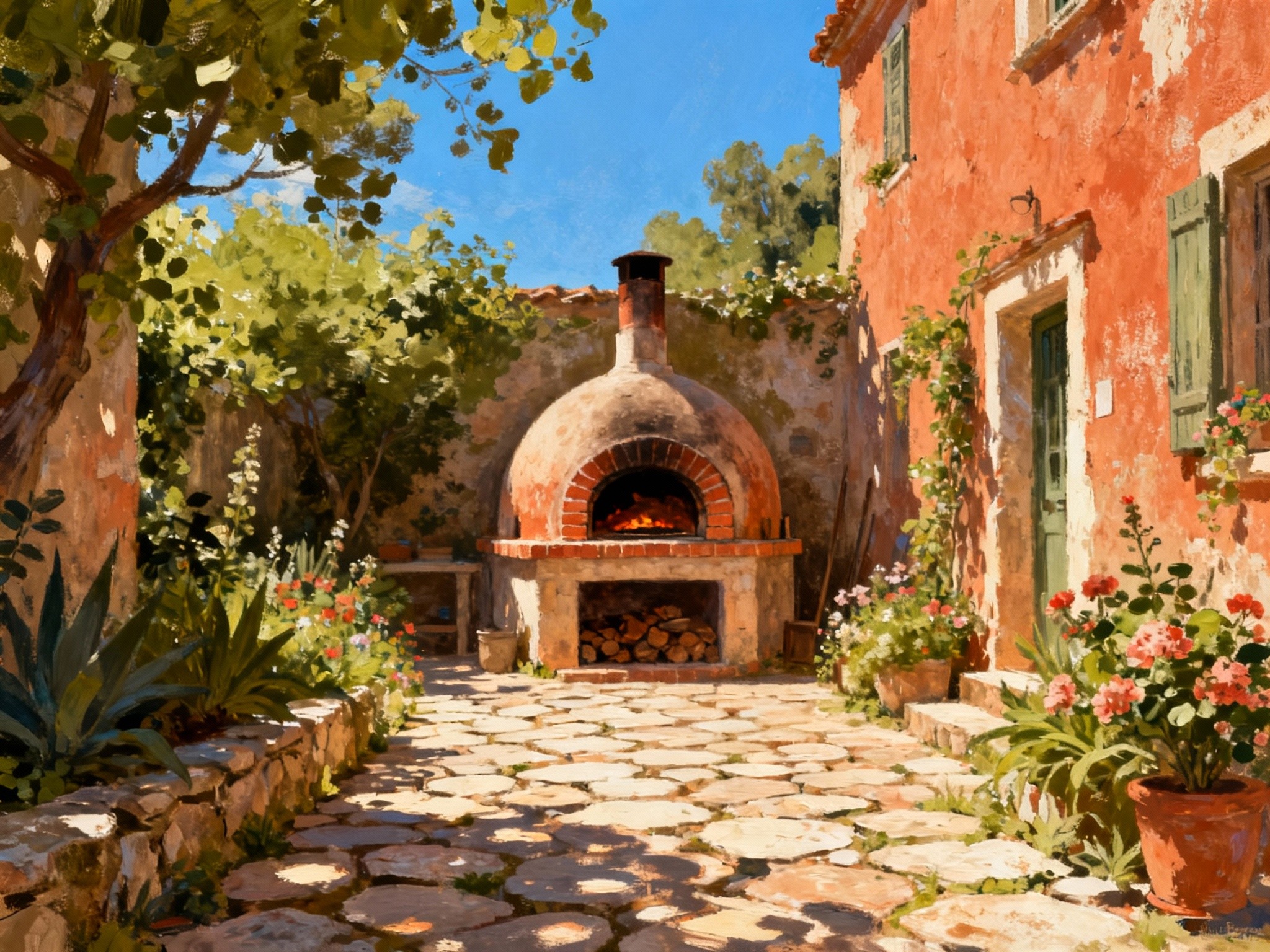 A fine-art illustration rendered in a format depicting a whimsical, vintage brick pizza oven nestled