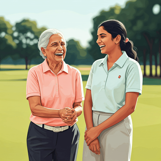 Young Indian girl and grandmother laughing together on a golf course