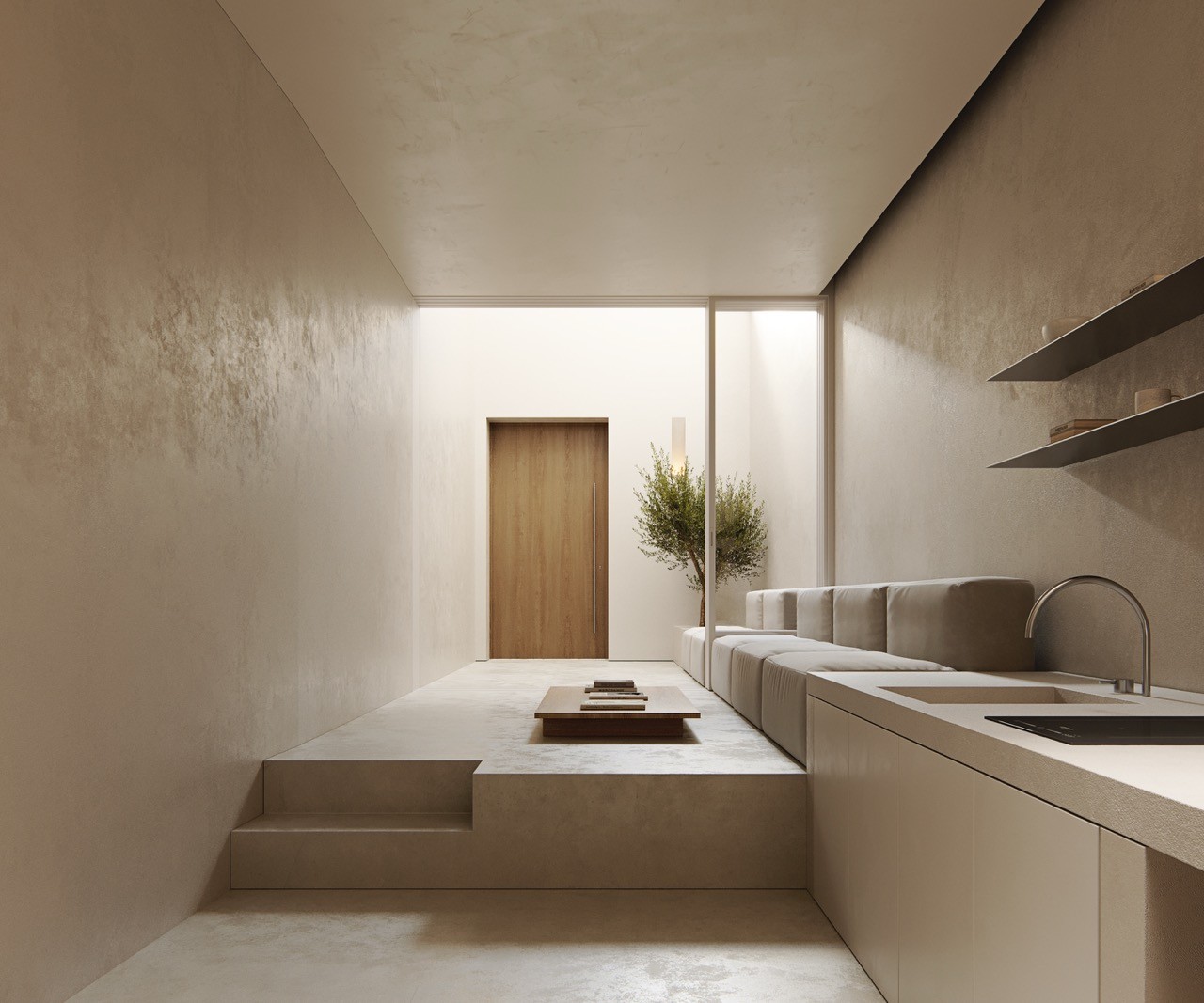 Minimal sunken living room with integrated kitchen