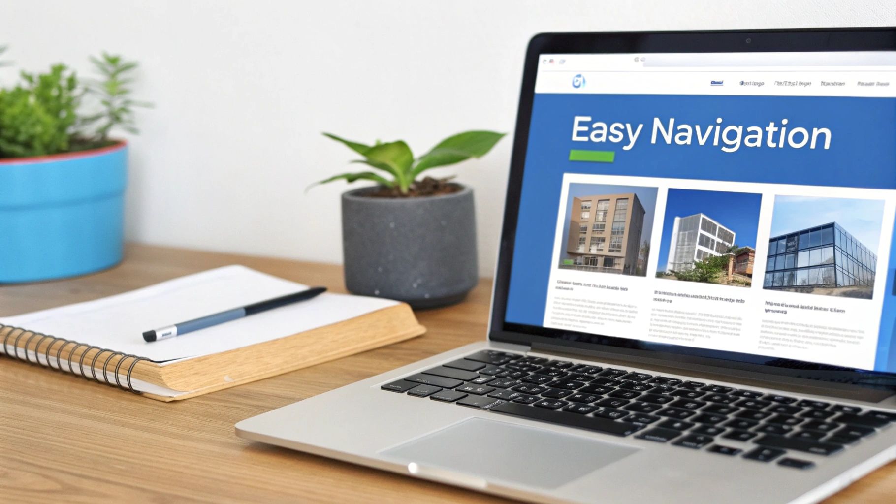 A laptop displaying a website titled 'Easy Navigation' with three modern building images on a wooden desk.