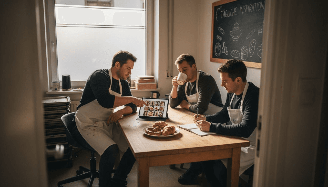Das Team der Bäckerei schaut sich gemeinsam die neuesten Fotos auf Instagram an.