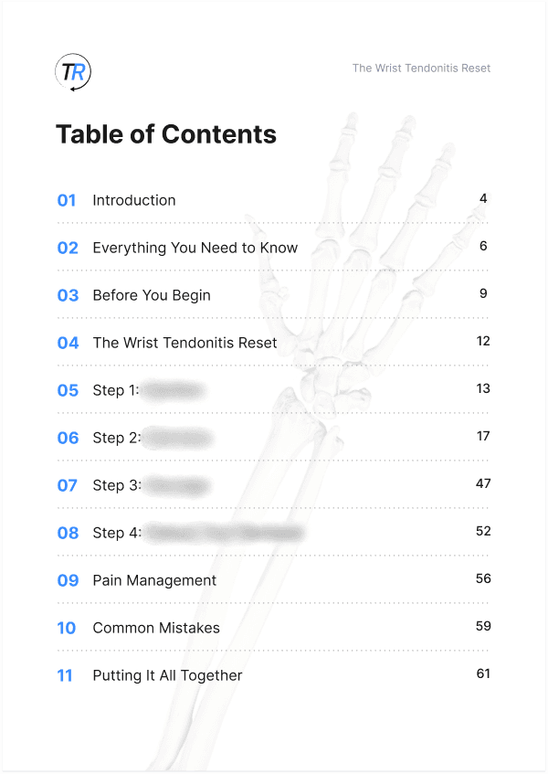 The Table of Contents for The Wrist Tendonitis Reset guide