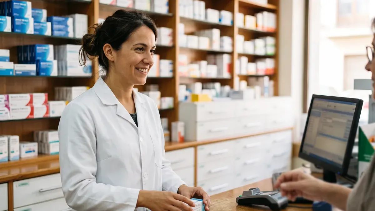 Técnica de farmacia con bata blanca atiende a una clienta tras el mostrador de una farmacia de barrio