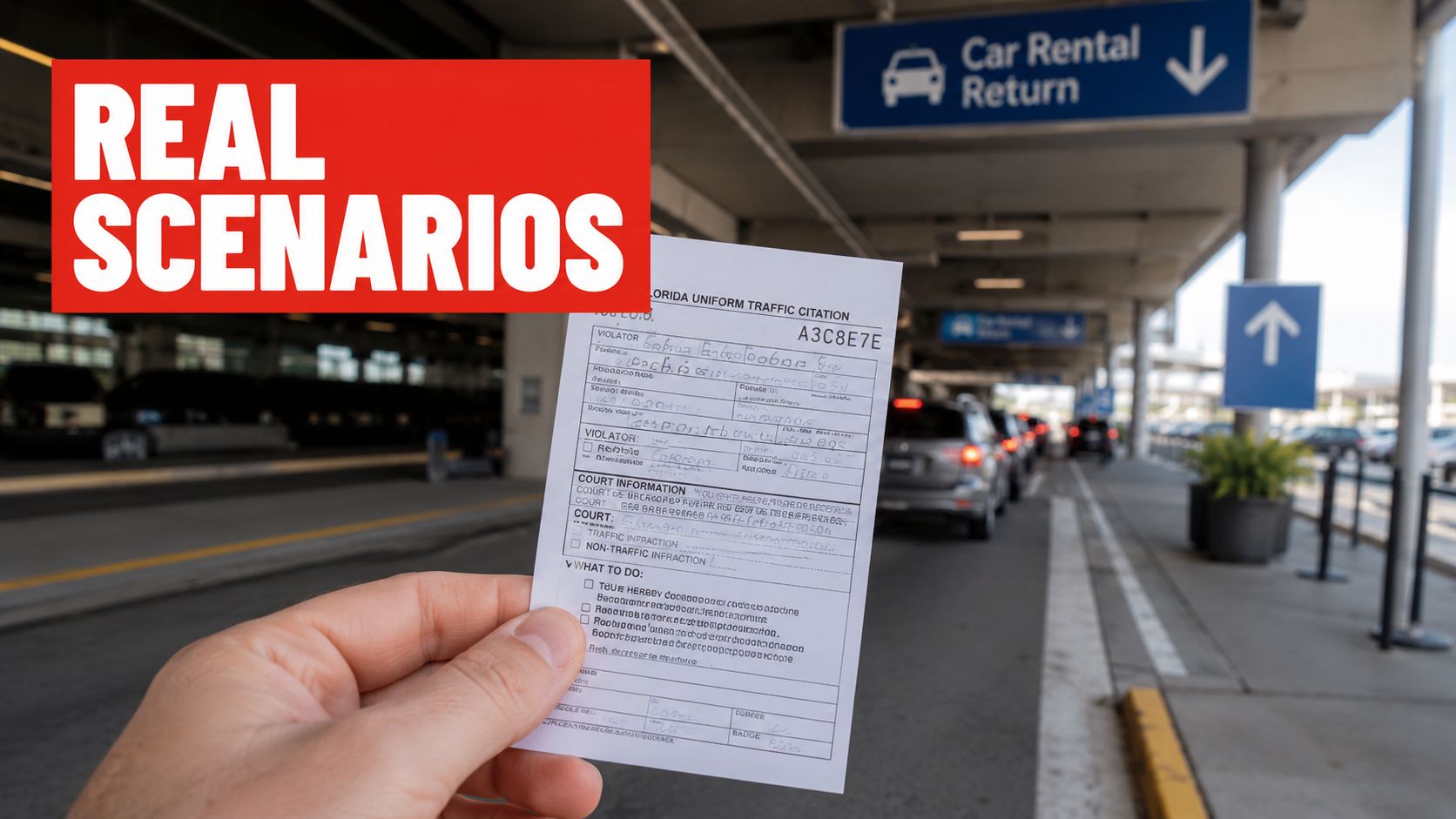 A hand holds a Florida traffic citation form at an airport rental car return area.