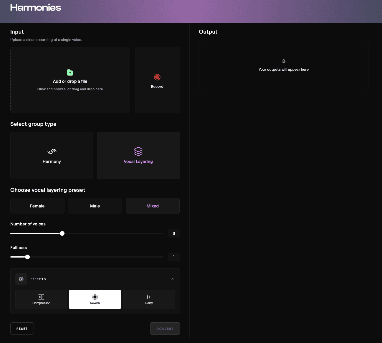 The Kits AI vocal layering tool layout