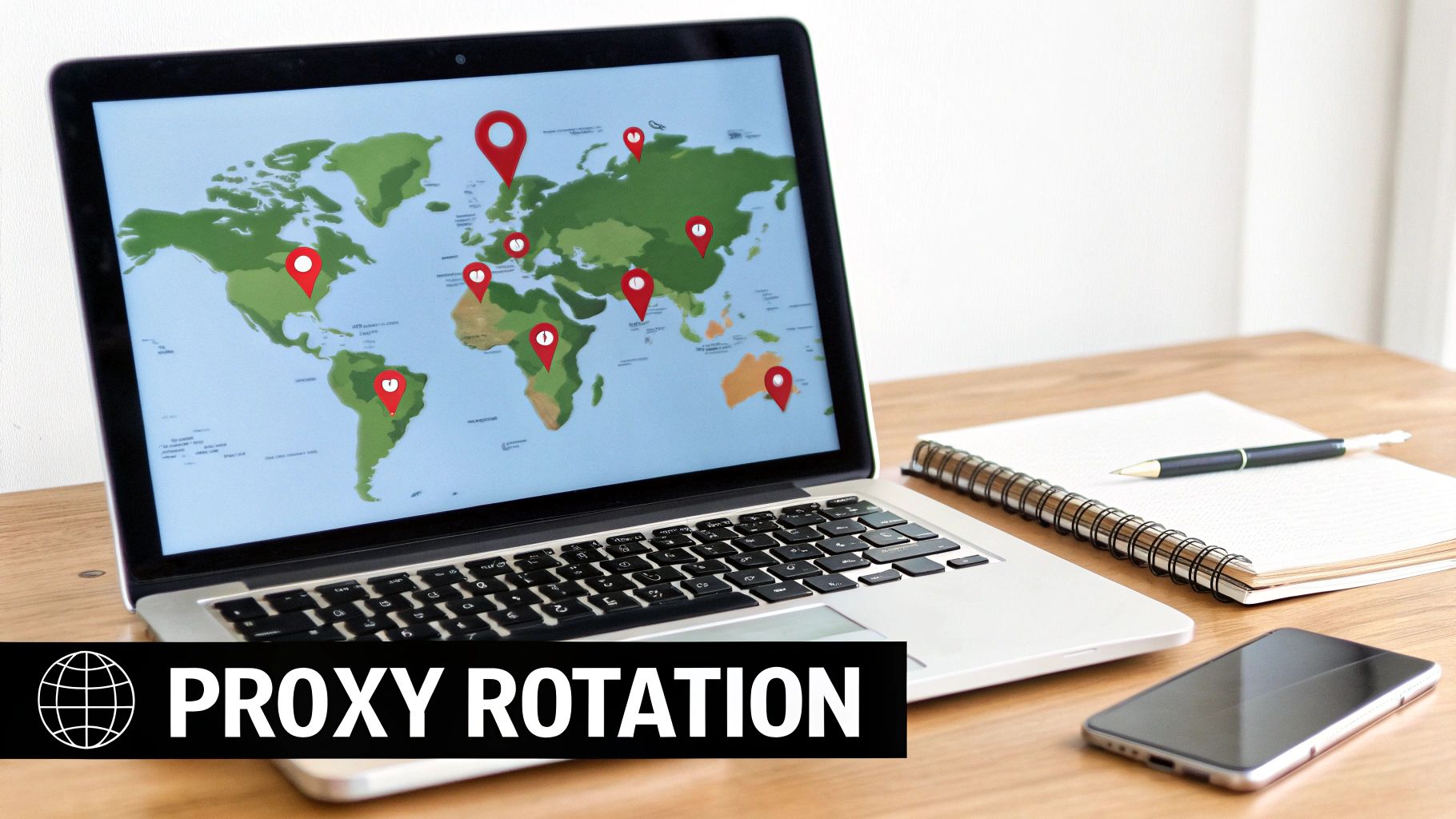 A laptop on a wooden desk displays a world map with red location pins, indicating global proxy rotation.