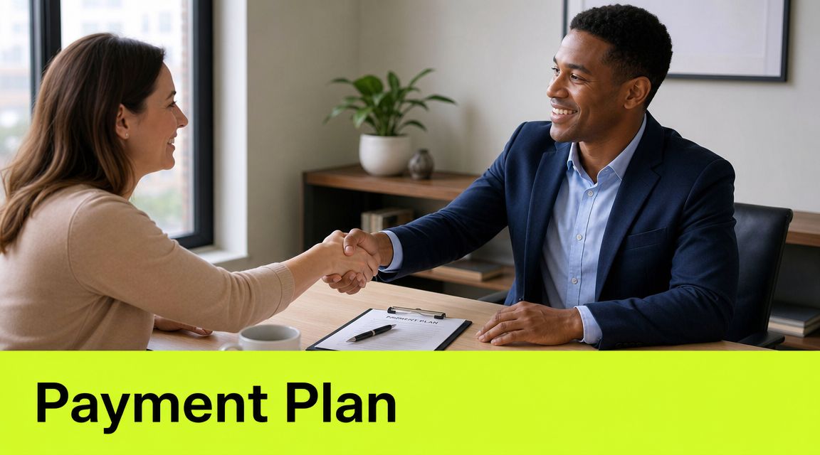 A professional man and woman shaking hands over a payment plan document at an office desk.