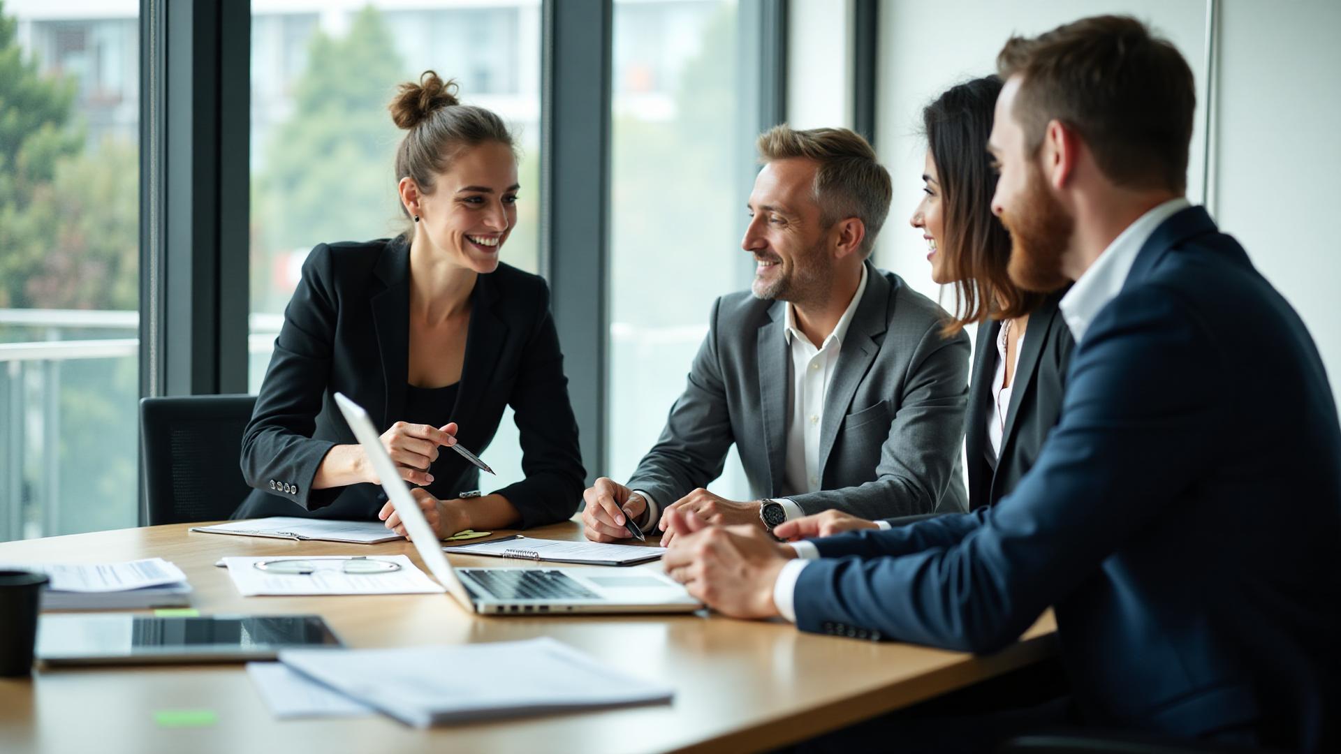 Strategic business consulting professionals in a client meeting