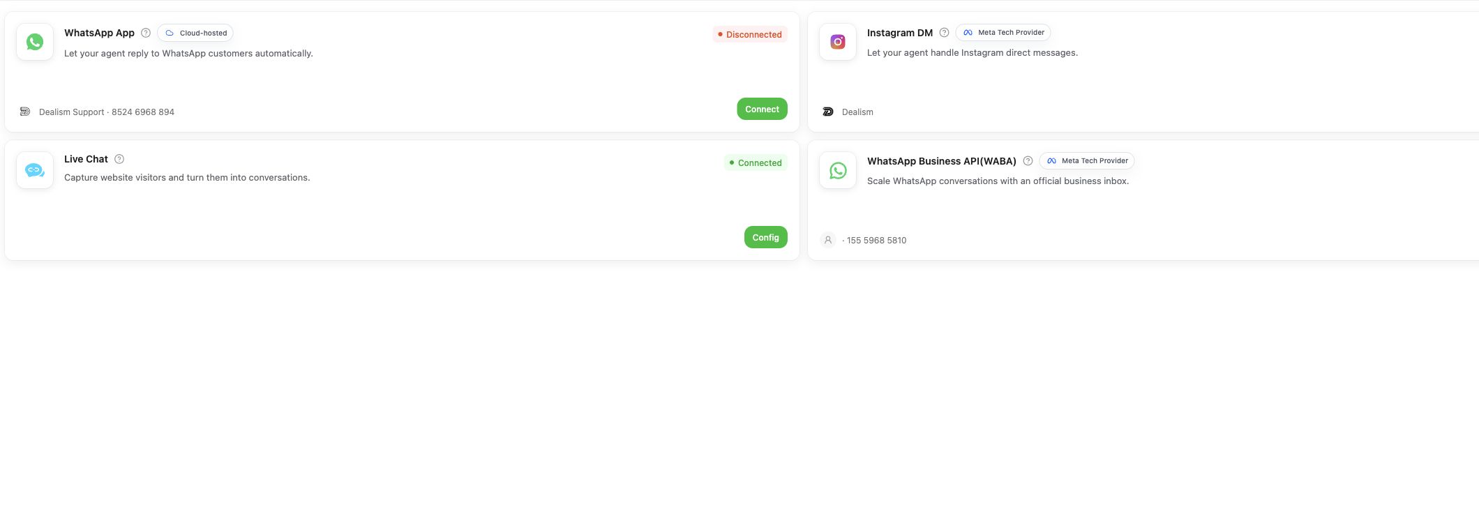 Dealism Channels page with the Live Chat channel connected and the Config button visible