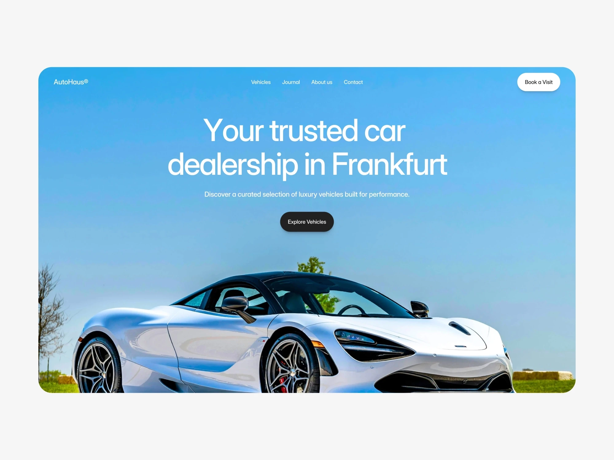 Structured car dealership website template homepage with clear hero section, vehicle navigation, and call to action button