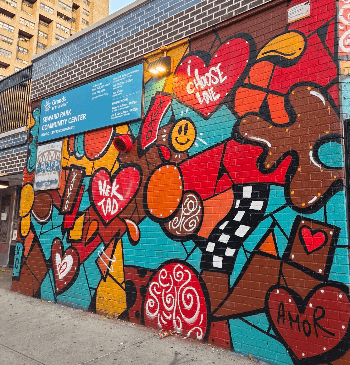 A vibrant abstract mural about Grand Street Settlement.