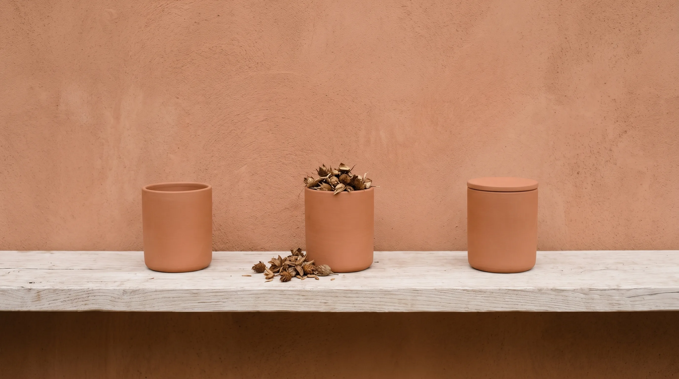 Three terracotta vessels on a whitewashed shelf: one open and empty, one spilling dried seed heads, one sealed with a lid