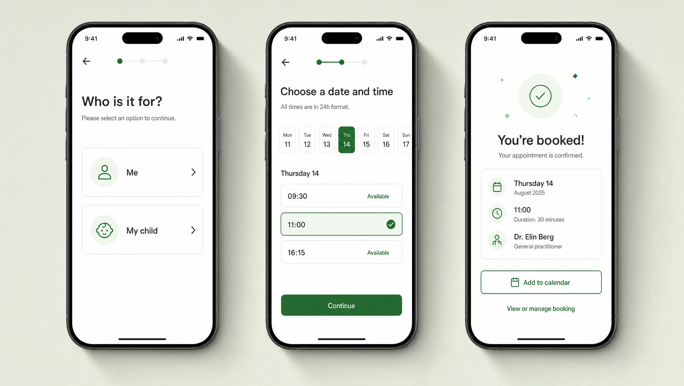 Three Vardnet booking screens: who the visit is for, date and time, confirmation