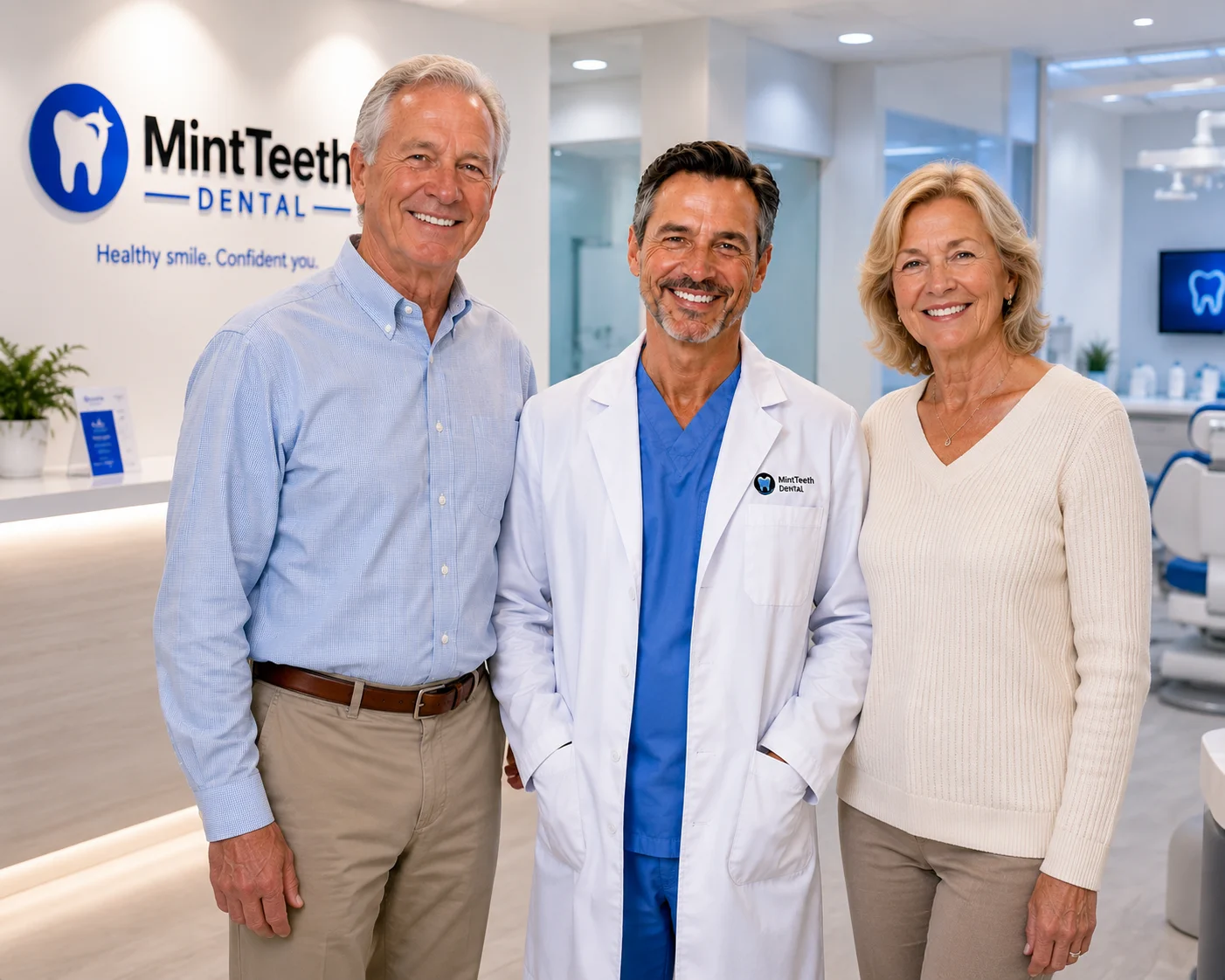Dentist standing with an elderly couple inside a modern dental clinic