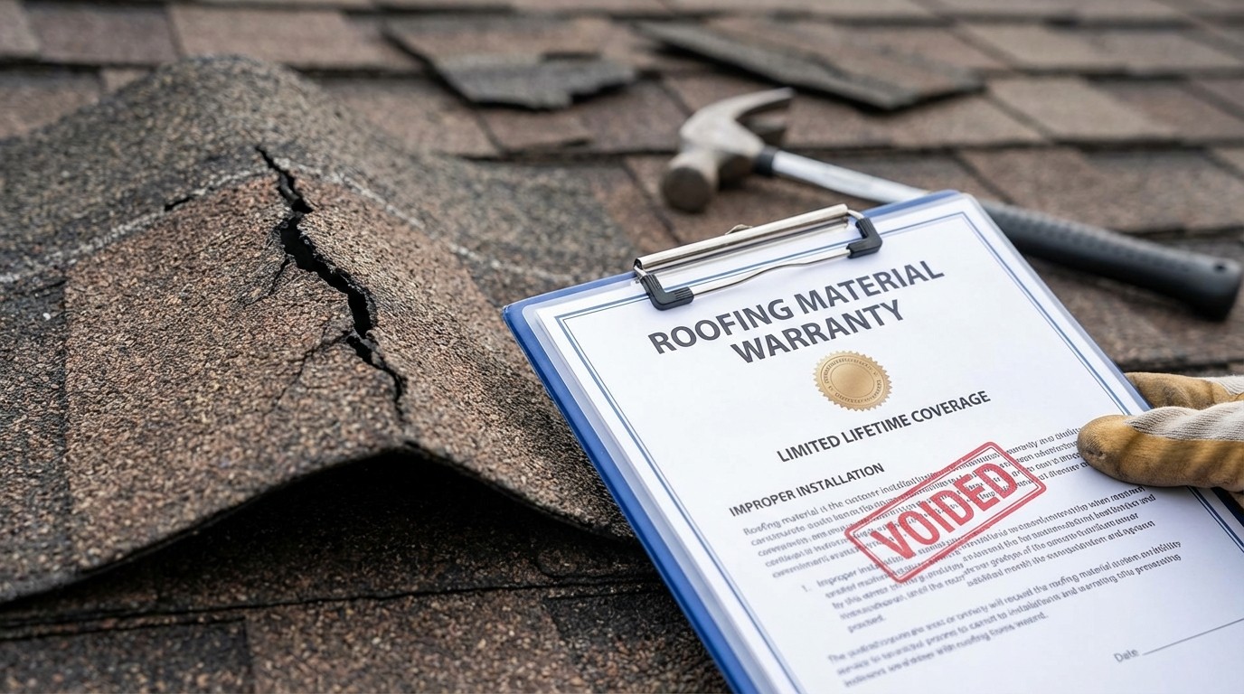 Roof warranty document next to damaged asphalt shingles showing voided coverage