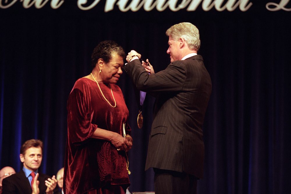 Maya Angelou receiving the National Medal of Arts from President Bill Clinton in 2000