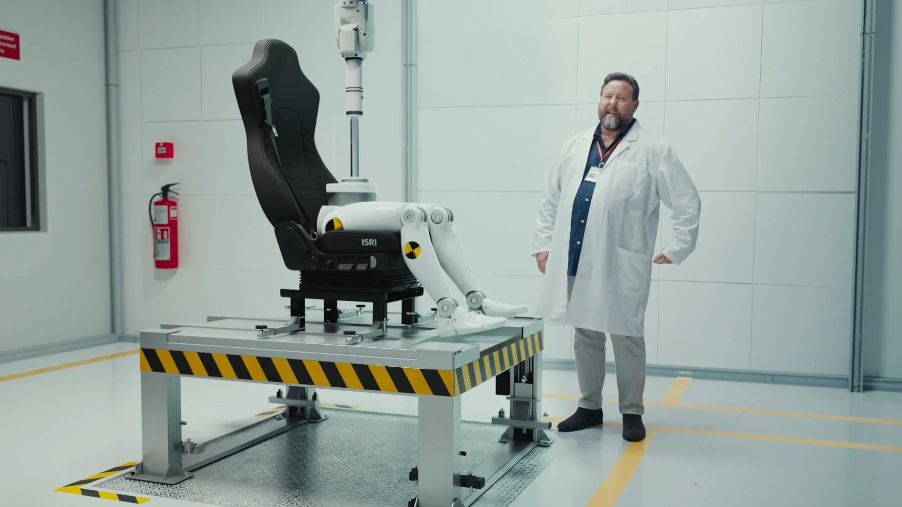 Man in a lab coat beside a test rig with a truck seat and robotic legs, from Isuzu's 'Reliability redefined' campaign