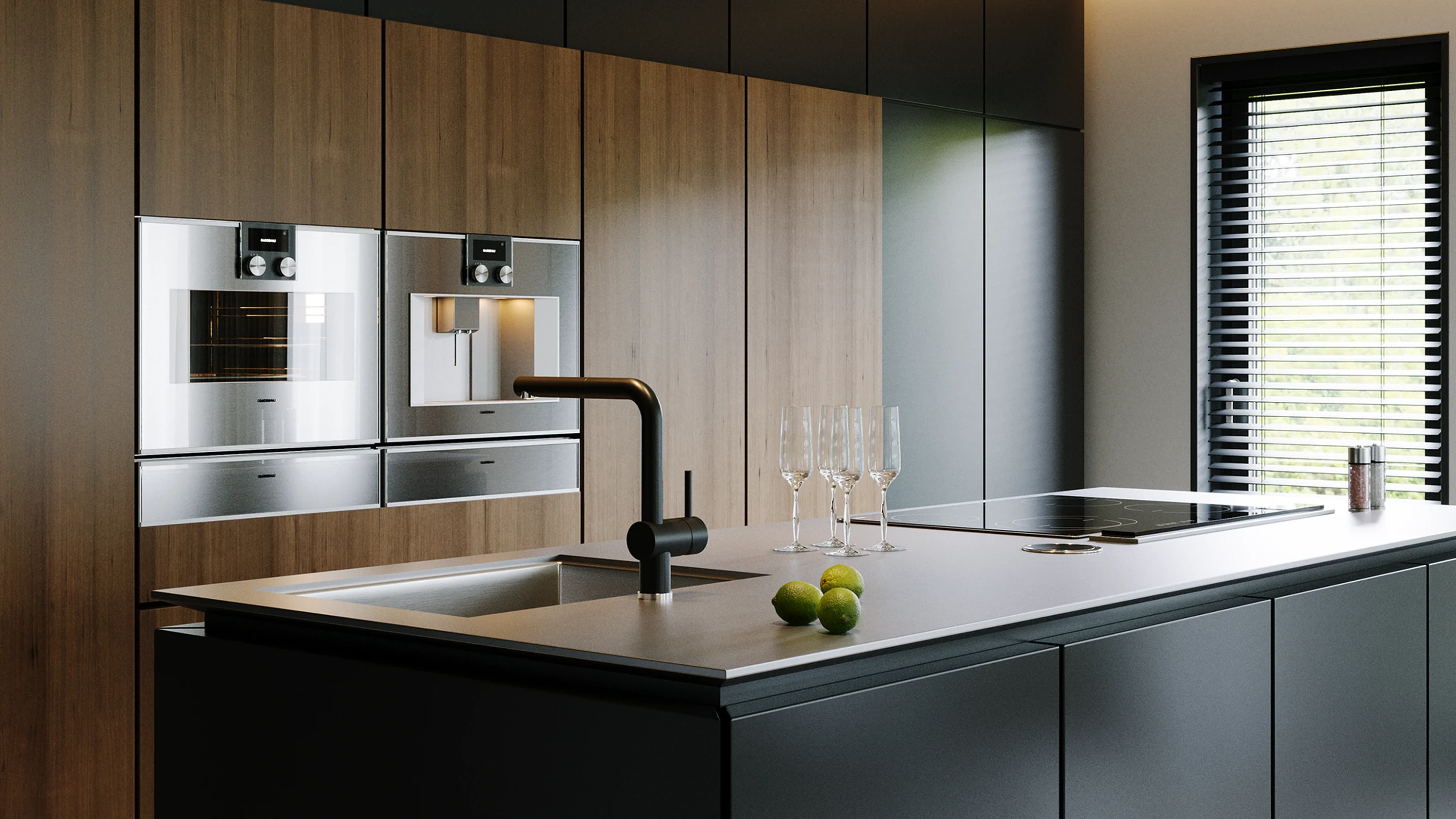 Cuisine — façades lisses et plan de travail en bois.