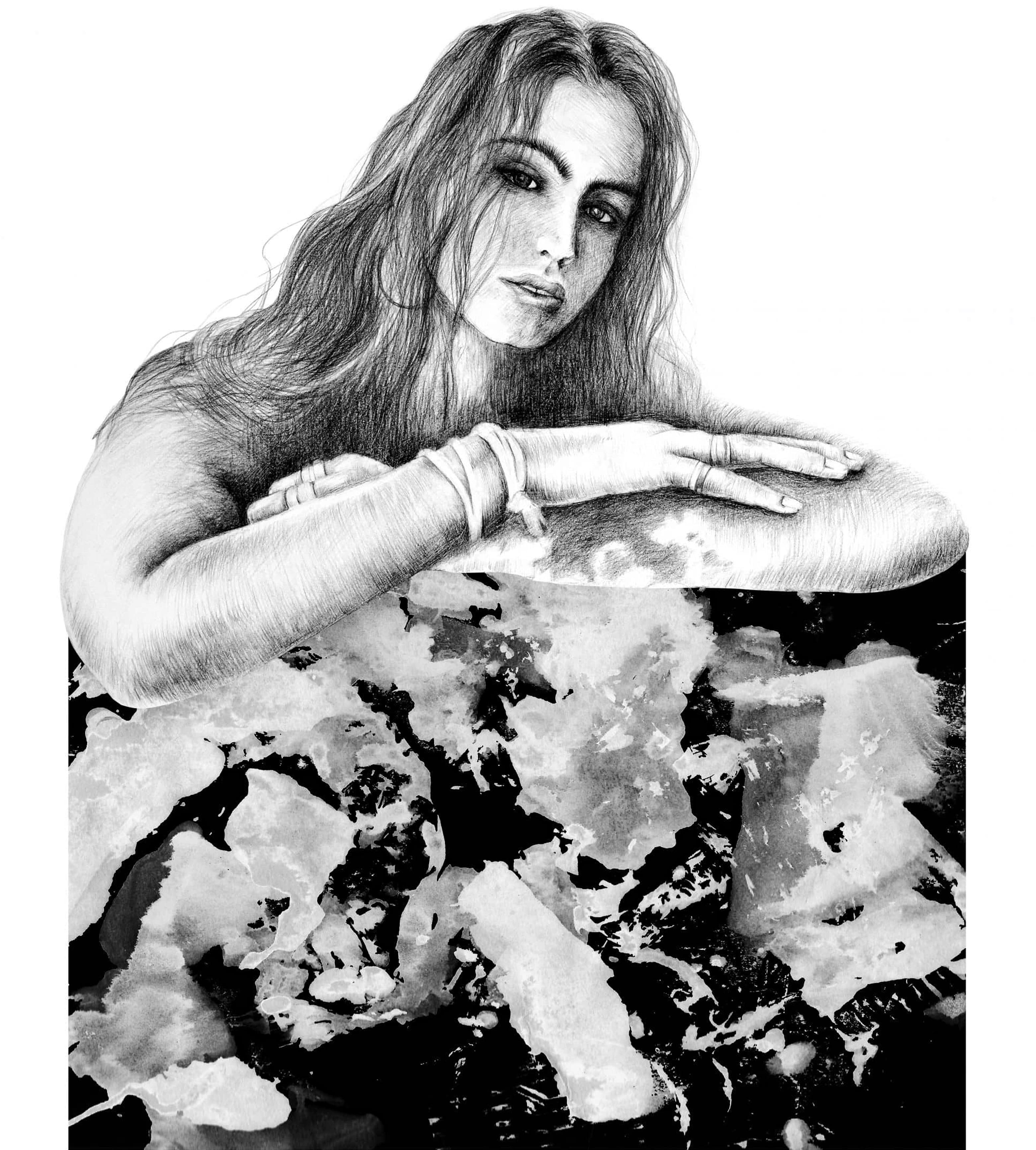 Hand-drawn graphite portrait of a woman resting her arms, capturing subtle expression, light, and texture through detailed pencil work.