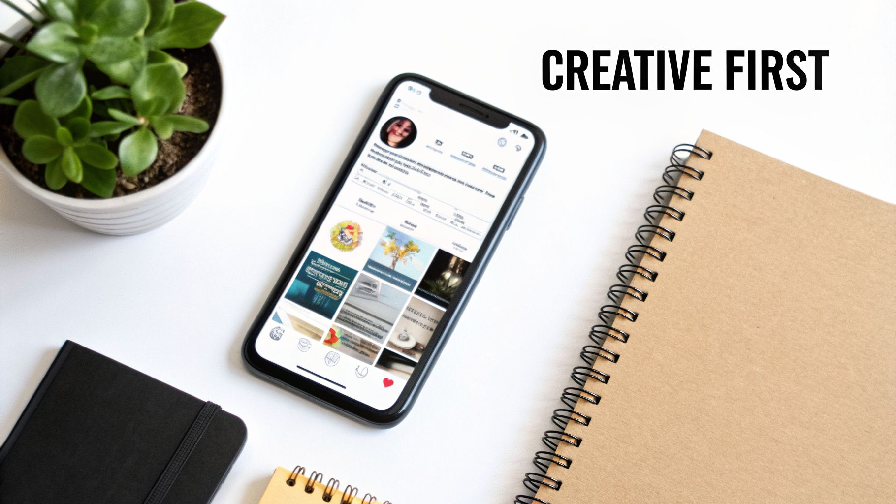 A top-down view of a modern workspace with a plant, smartphone, and notebooks. Text: CREATIVE FIRST.