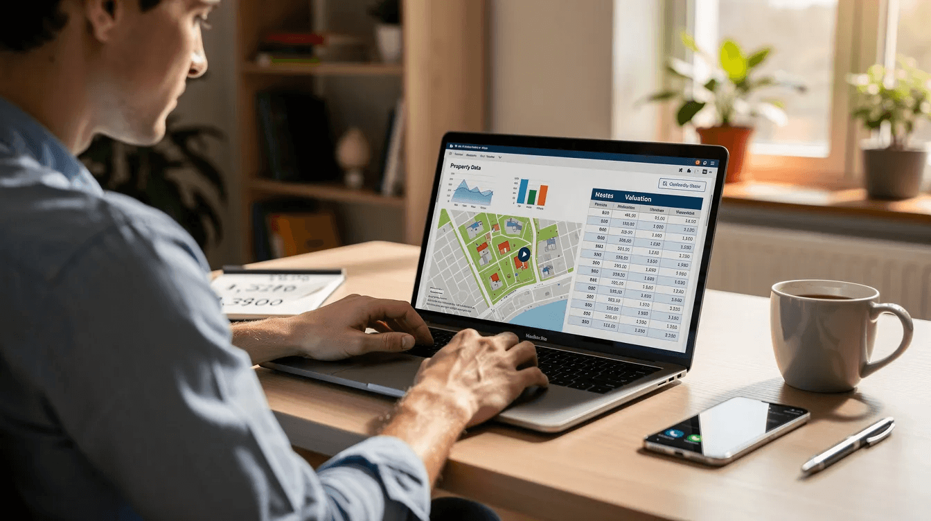 A person is sitting at a home office desk, intently reviewing property data on a laptop screen, which may include information about owning multiple properties and their associated estate taxes. The scene highlights the importance of strategic planning in property management, especially for individuals dealing with multiple locations and the complexities of the probate process.