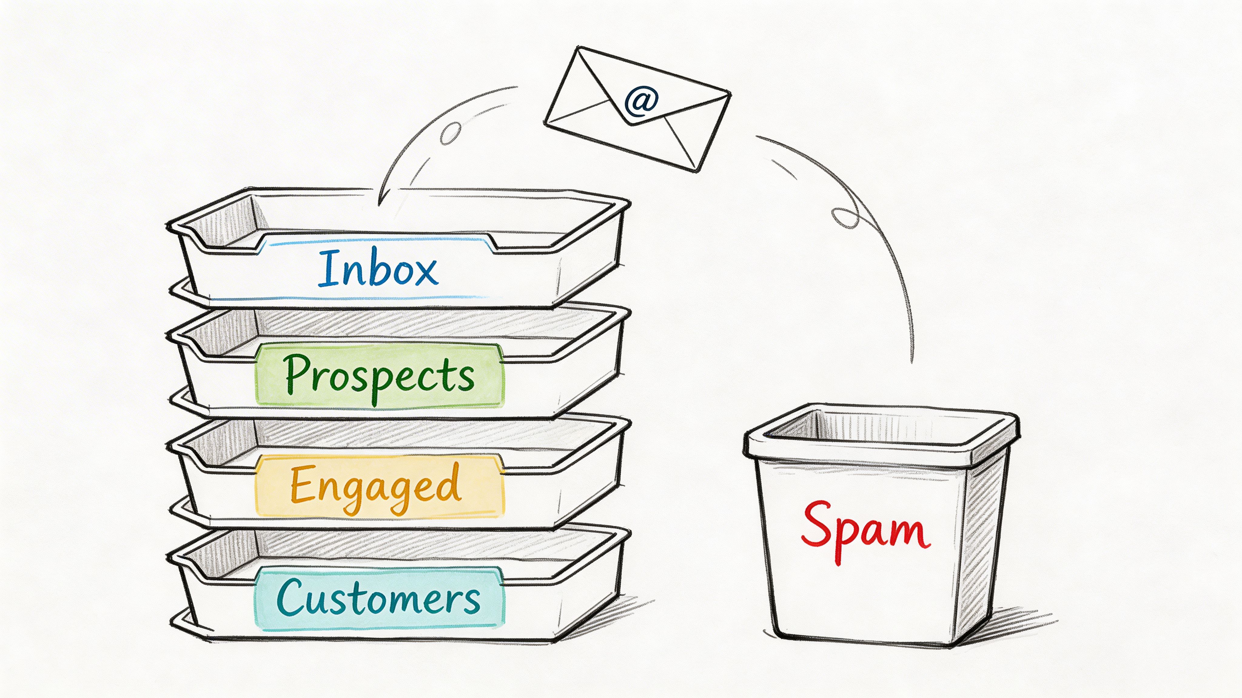 A hand-drawn illustration showing an email icon being sorted into folders labeled Inbox, Prospects, Engaged, Customers, and Spam.