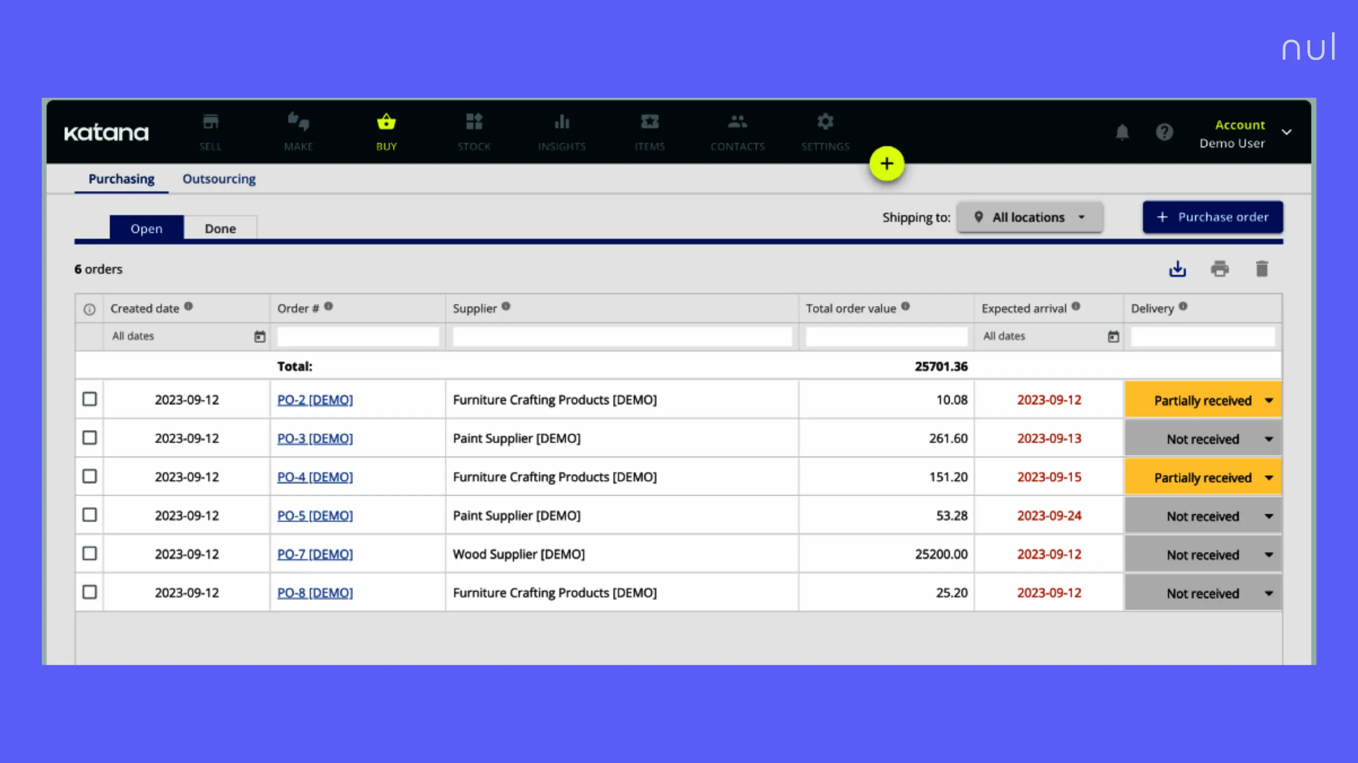 Katana MRP simplifies how to buy materials and manage supplies for inventory.