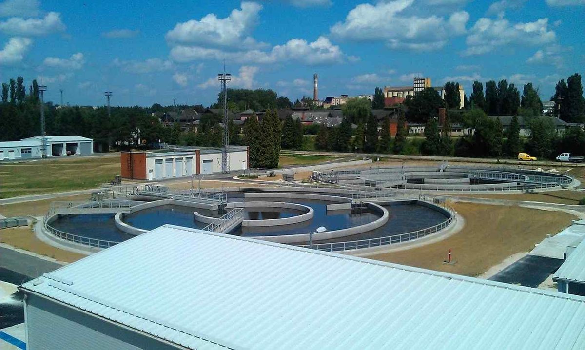 Aerial view of the Nagykanizsa wastewater treatment plant with its round clarifiers and sludge line, Hungary