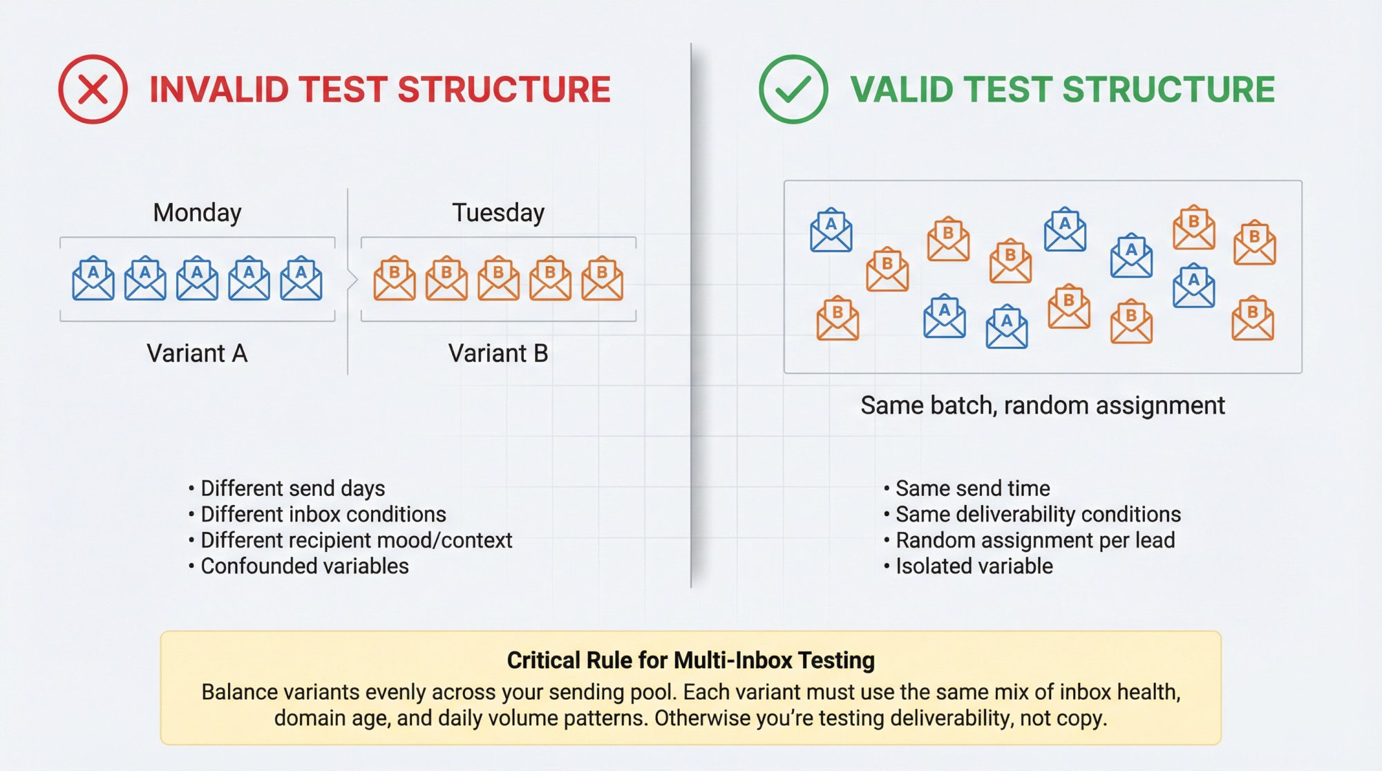 Diagram showing proper A/B test randomization vs improper time-based splitting for cold email campaigns