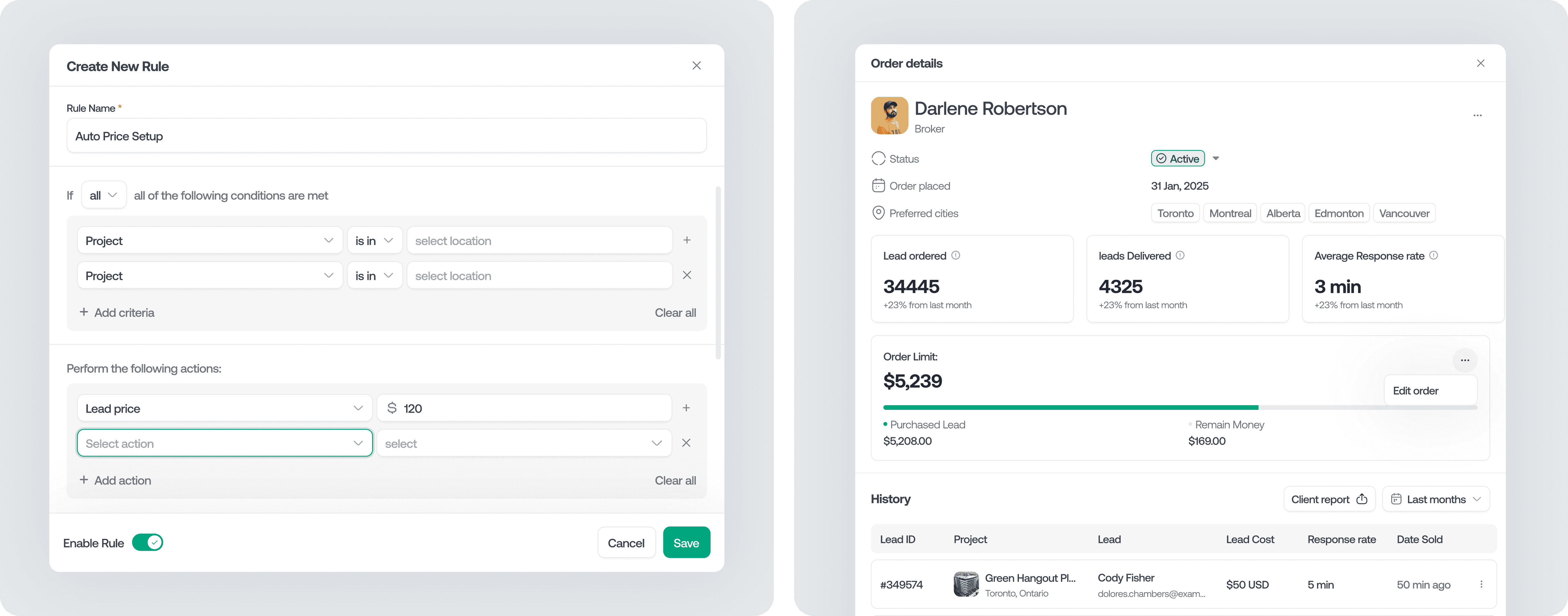 Automation rule setup modal and broker order details dashboard showing conditional logic, lead pricing controls, response time metrics, and performance tracking.