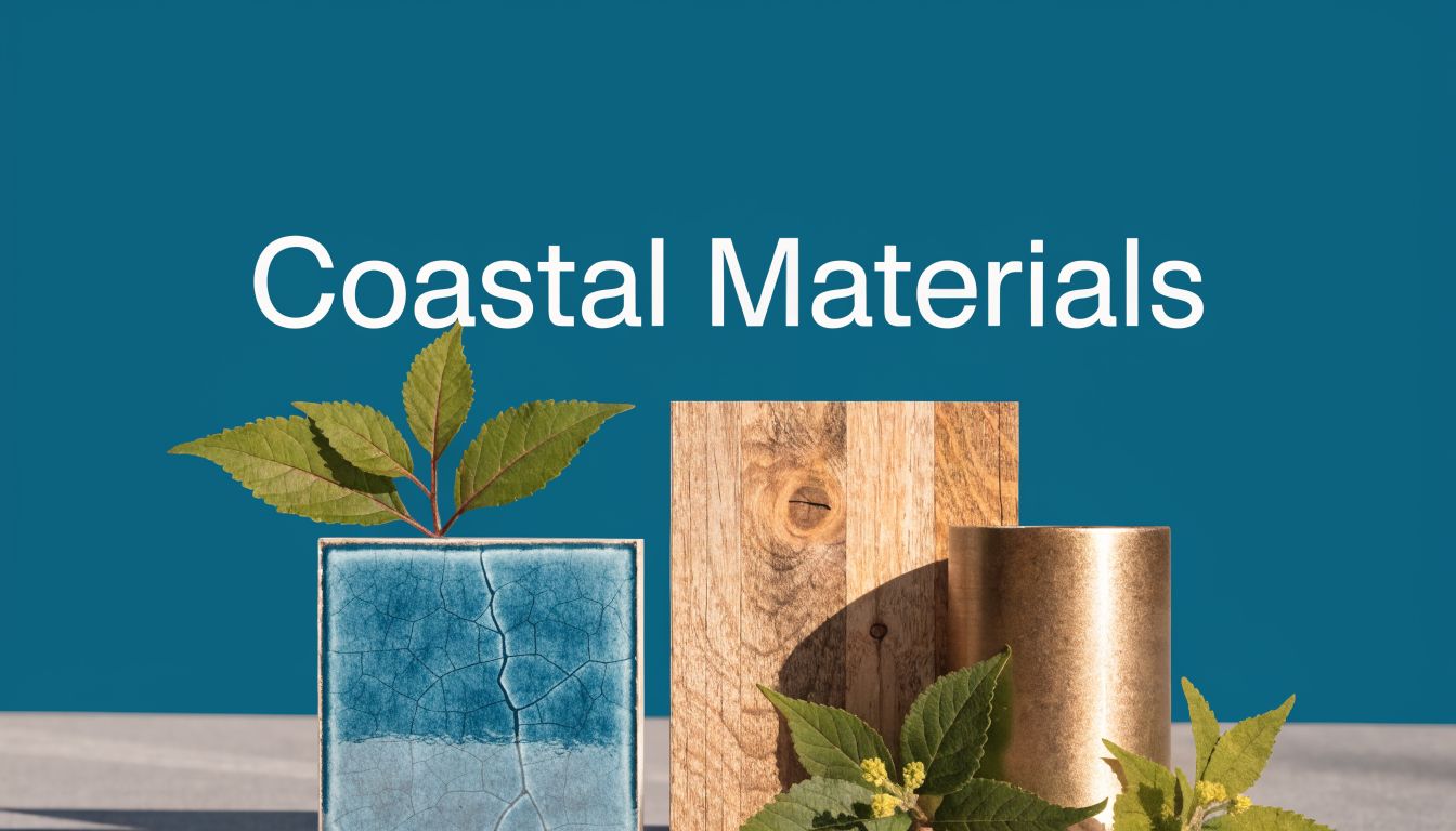 A product display featuring a blue crackle ceramic tile, a wood block, and a brass cylinder with green leaves.