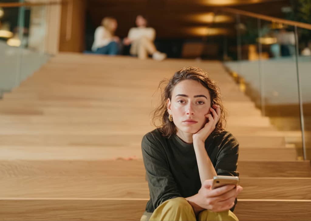 Frau sitzt auf Holztreppe